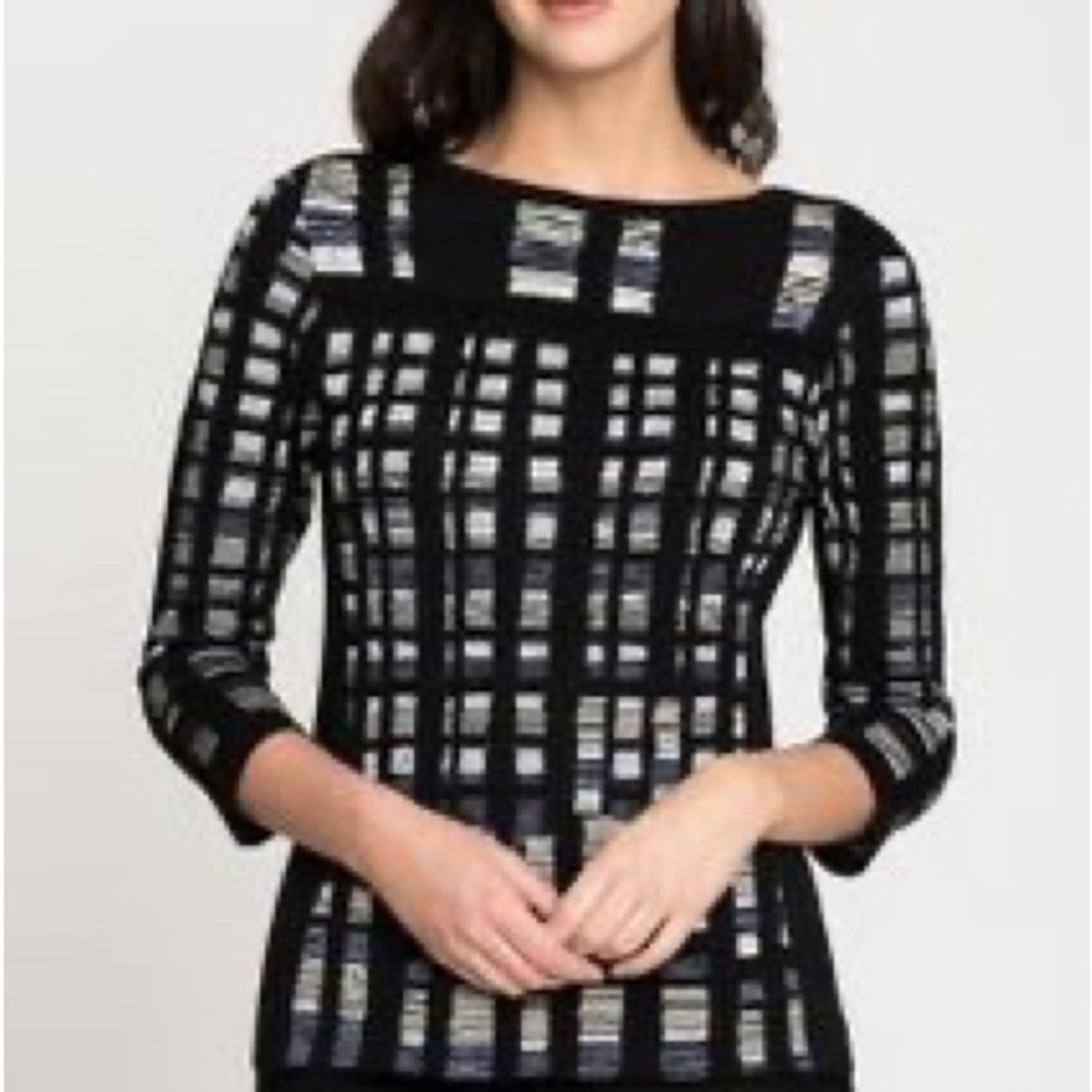 Nic & Zoe crystal cove sweater Black and White Grid Pattern